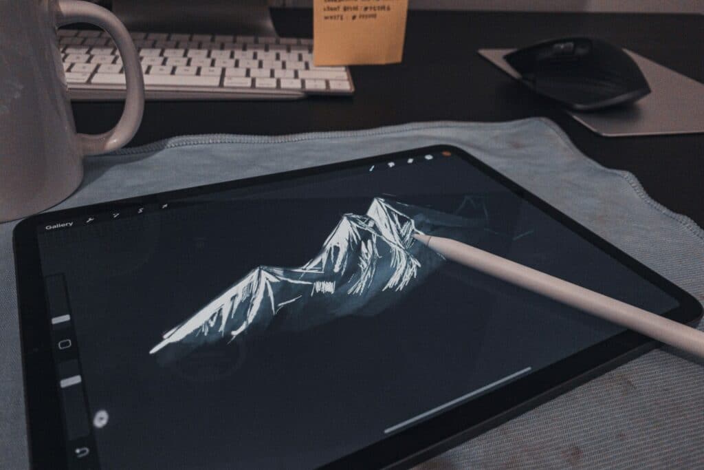 Mountains sketched on tablet